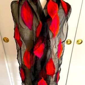 Black red orange silk chiffon felted wool leaf scarf